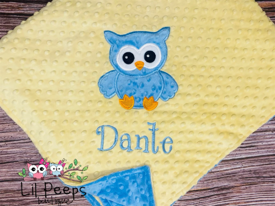 Owl- Personalized Minky Baby Blanket - Blue and Yellow Minky