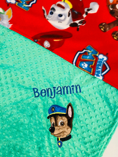 Paw Patrol - Chase - Personalized Minky Blanket -Blue Minky - Embroidered Puppy