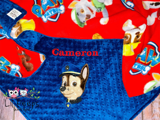 Paw Patrol - Chase - Personalized Minky Blanket -Blue Minky - Embroidered Puppy