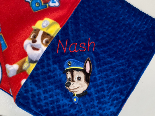 Paw Patrol - Chase - Personalized Minky Blanket -Blue Minky - Embroidered Puppy