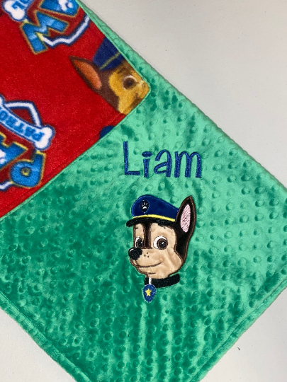 Paw Patrol - Chase - Personalized Minky Blanket -Blue Minky - Embroidered Puppy