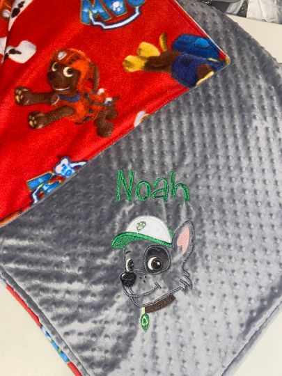 Paw Patrol - Rocky- Personalized Minky Blanket Gray Minky - Embroidered Puppy