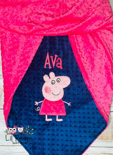 Peppa - Personalized Minky Baby Blanket - Navy and Pink  Minky - Custom Monogram -