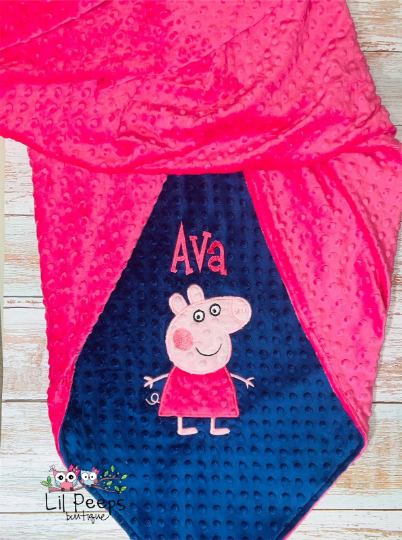 Peppa - Personalized Minky Baby Blanket - Navy and Pink  Minky - Custom Monogram -