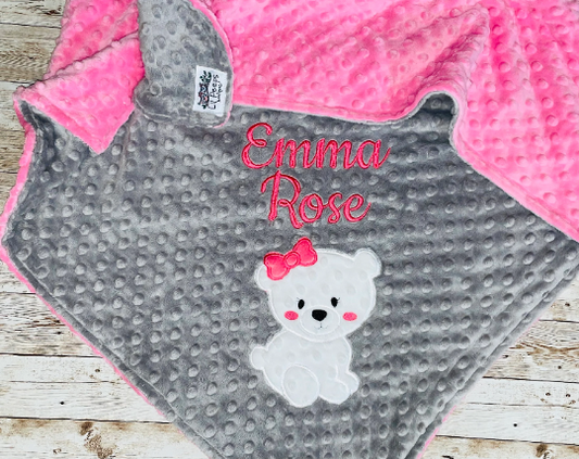 Girl Polar Bear -Personalized Minky Baby Blanket - Grey / Pink  Minky - Embroidered Polar Bear