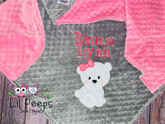 Girl Polar Bear -Personalized Minky Baby Blanket - Grey / Pink  Minky - Embroidered Polar Bear