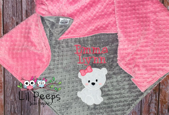 Girl Polar Bear -Personalized Minky Baby Blanket - Grey / Pink  Minky - Embroidered Polar Bear