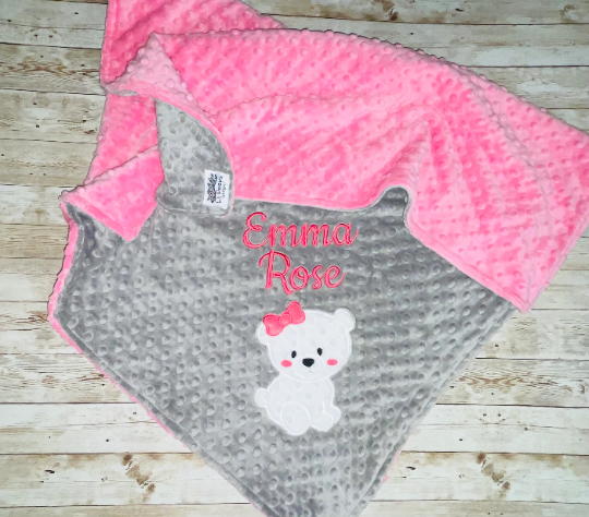 Girl Polar Bear -Personalized Minky Baby Blanket - Grey / Pink  Minky - Embroidered Polar Bear