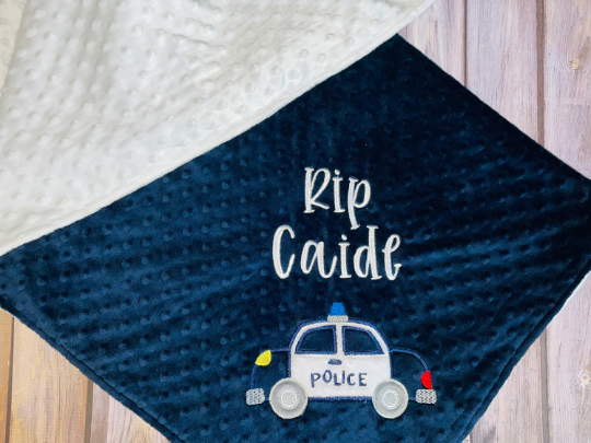 Police Car - Personalized Minky Baby Blanket - Navy Blue  / White Minky - Embroidered Police Car