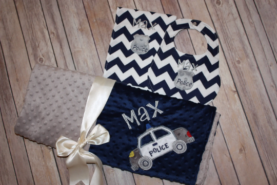 Police Gift Set- Personalized Baby Minky Blanket and Bib & Burp Cloth