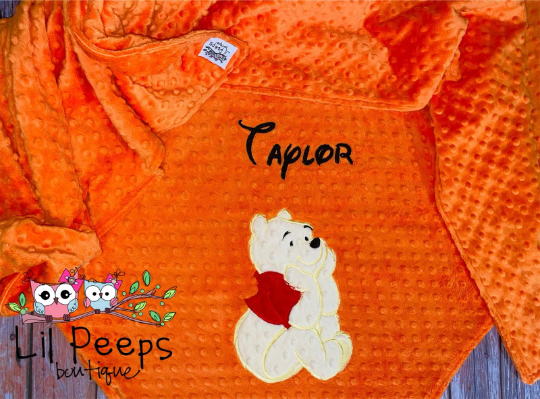 Personalized Winnie the Pooh Minky Baby Blanket - Orange Minky - Custom Monogram