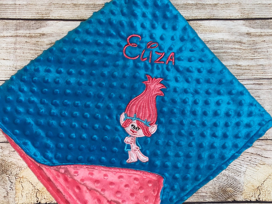 Trolls- Poppy- Personalized Minky Baby Blanket -Blue and Pink Minky