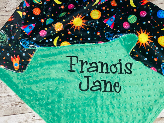 Space- Personalized Minky Blanket -Green and Space Minky - Custom Monogram