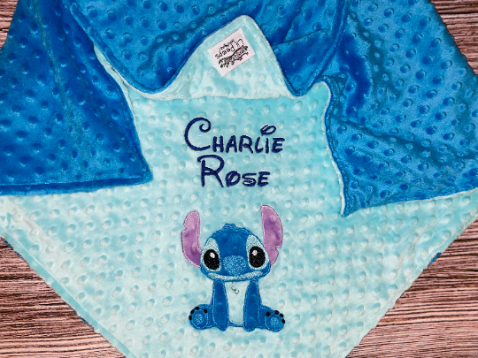 Personalized Stitch Minky Baby Blanket - Aqua and Blue Minky - Custom Monogram