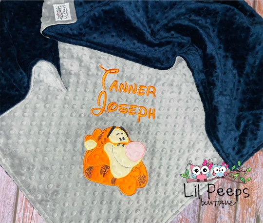 Personalized Tigger Minky Baby Blanket - Navy and Gray Minky - Custom Monogram