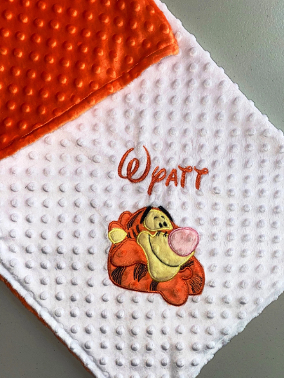 Personalized Tigger Minky Baby Blanket - White and Orange Minky - Custom Monogram