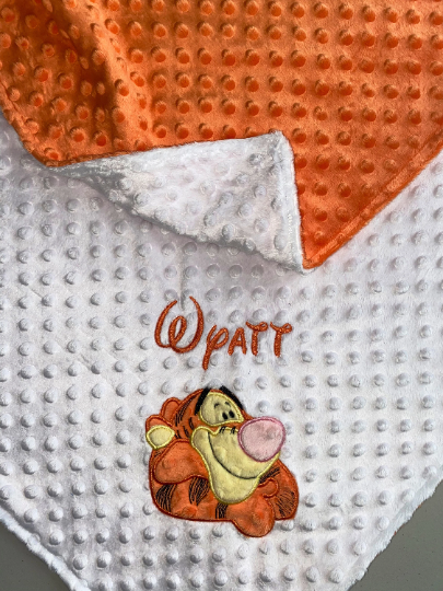 Personalized Tigger Minky Baby Blanket - White and Orange Minky - Custom Monogram