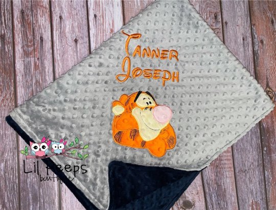 Personalized Tigger Minky Baby Blanket - Navy and Gray Minky - Custom Monogram