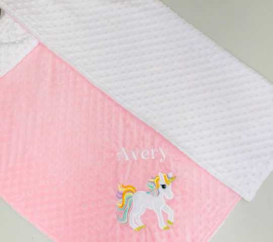 Unicorn - Personalized Minky Blanket - Pink and White Minky - Embroidered Unicorn