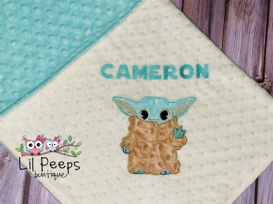 Baby Yoda- Personalized Minky Baby Blanket - Cream and Aqua Minky