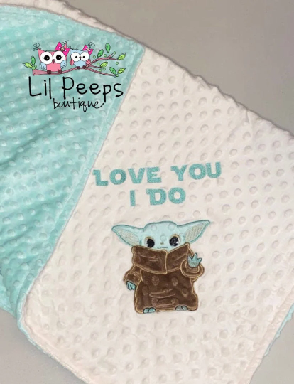 Baby Yoda- Personalized Minky Baby Blanket - Cream and Aqua Minky