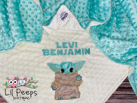 Baby Yoda- Personalized Minky Baby Blanket - Cream and Aqua Minky