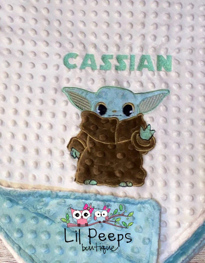 Baby Yoda- Personalized Minky Baby Blanket - Cream and Aqua Minky