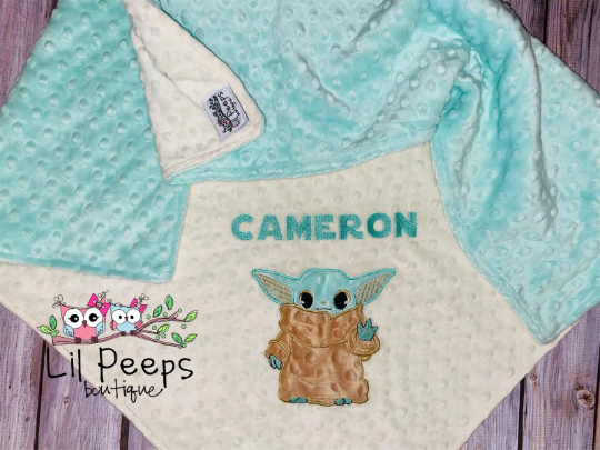 Baby Yoda- Personalized Minky Baby Blanket - Cream and Aqua Minky